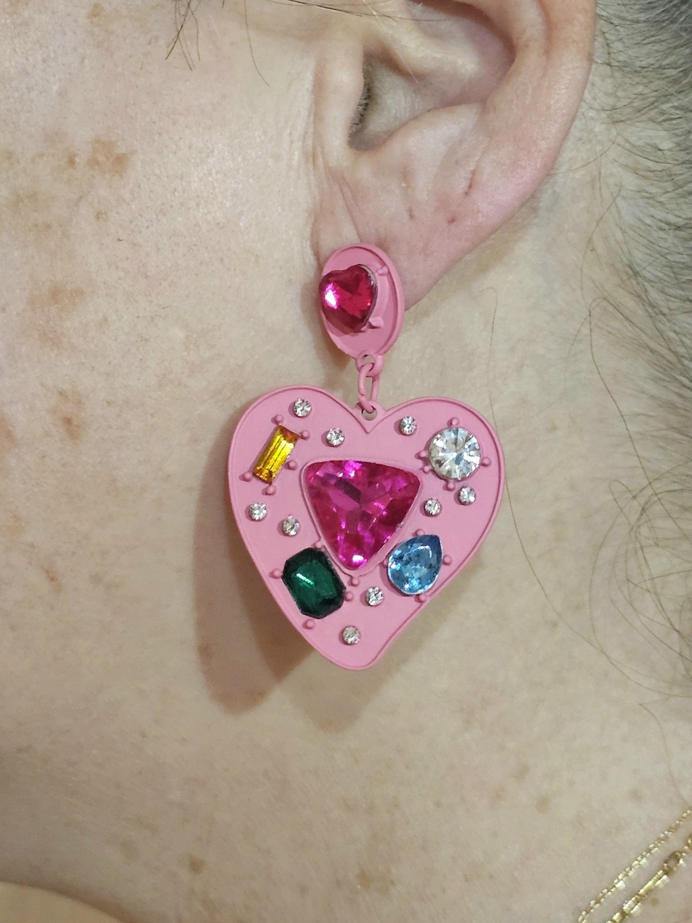 Y2K Barbiecore Pink Heart Gem Large Dangle Earrings Multicolor CZ Dopamine